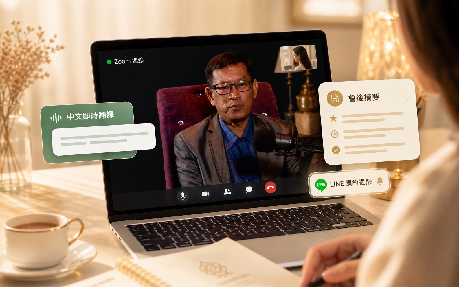 客人在筆電前與泰國老師 Zoom 視訊算命，旁邊顯示中文即時翻譯、會後摘要與 LINE 提醒